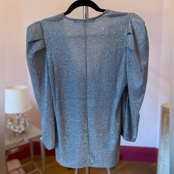 Blue V-Neck blouse Puff sleeve blue silver shimmery top medium - Picture 3 of 10